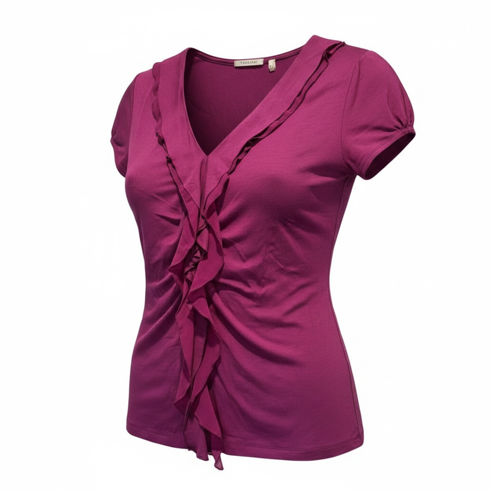 T Tahari Purple Ruffled V-Neck Short Sleeve Blouse